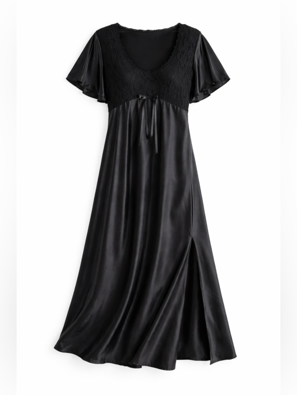 Vintage Unmentionables Black Satin Nightgown Lace Bodice Maxi Sleep Dress - Picture 2 of 8